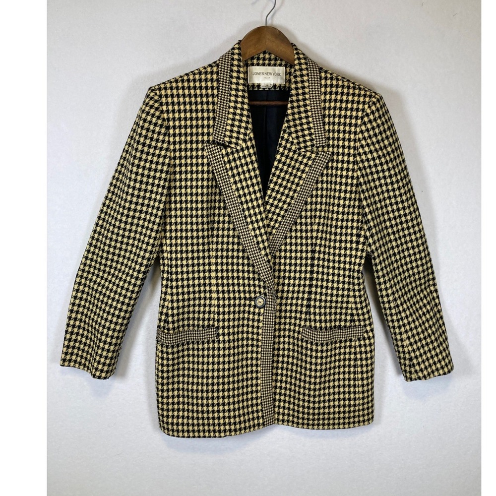 Vintage Jones New York Women Size 8 Yellow Black Houndstoothโ 100% Wool Blazer